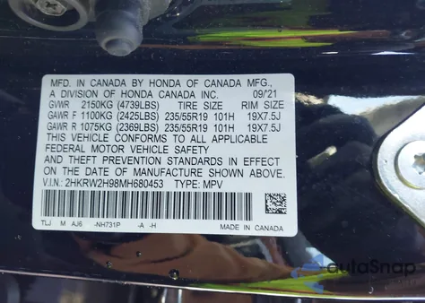 2021 Honda Cr-V Awd Touring from USA, damaged, VIN 2HKRW2H98MH680453